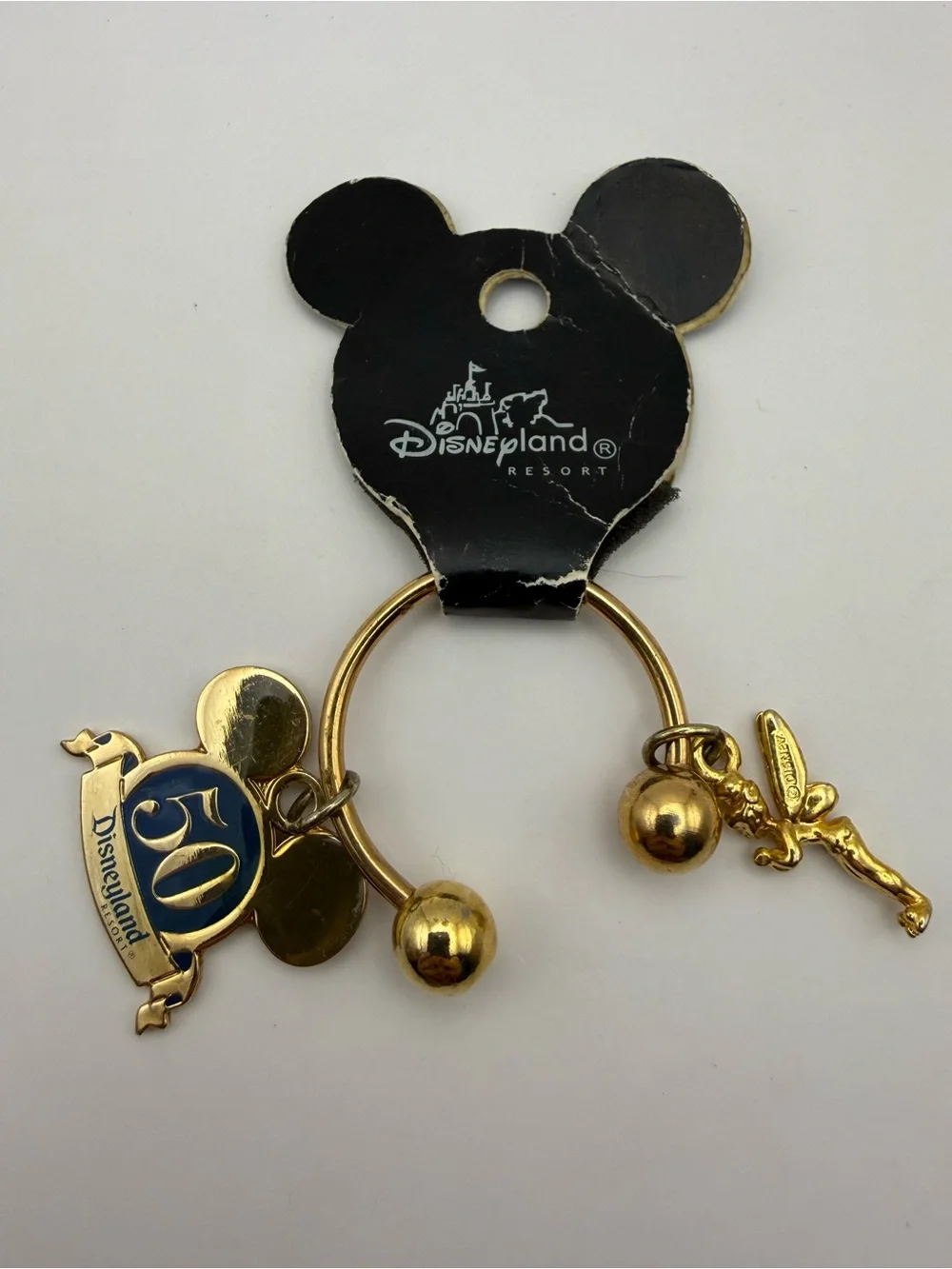 Vintage Disneyland 50th Anniversary Keychain Mickey Ears, Tinker Bell Gold Tone